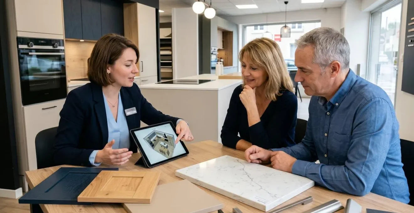 Conseillère cuisiniste Schmidt en consultation avec couple de clients, plans 3D et échantillons matériaux visibles sur la table