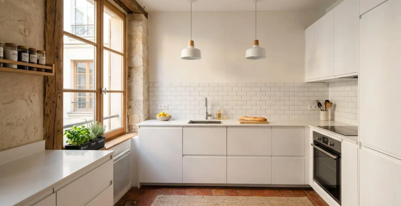Cuisine moderne avec façades blanches laquées nouvellement installées, crédence en carreaux métro et plan de travail composite dans un intérieur français contemporain