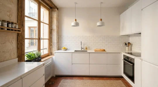 Cuisine moderne avec façades blanches laquées nouvellement installées, crédence en carreaux métro et plan de travail composite dans un intérieur français contemporain
