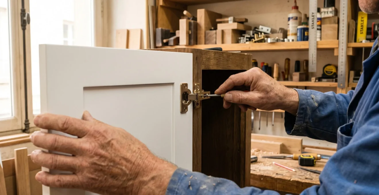 Gros plan sur les mains d'un artisan installant une nouvelle façade de meuble de cuisine laquée blanche avec outils de précision